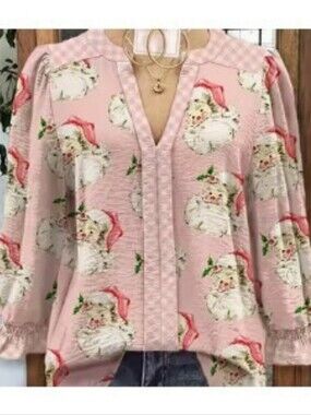 Pink Santa Print V-Neck Women's Top